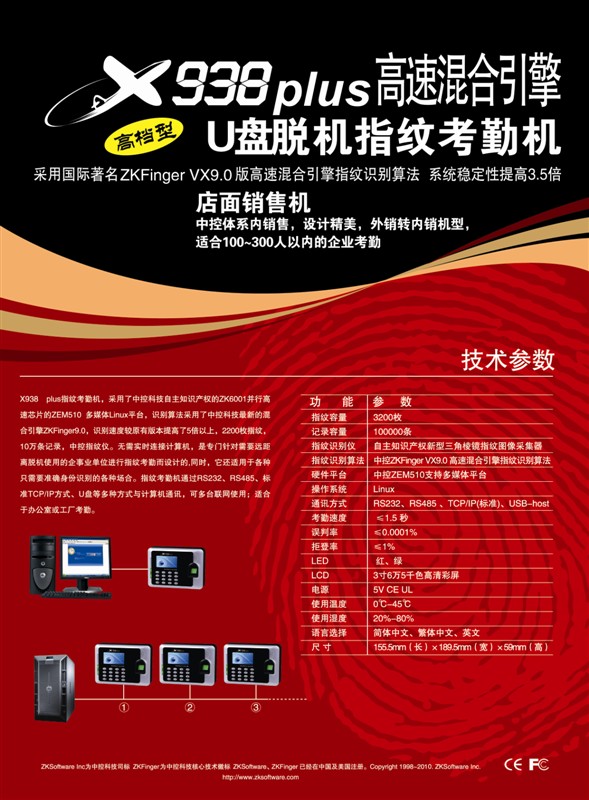 中控X938plus指纹考勤机