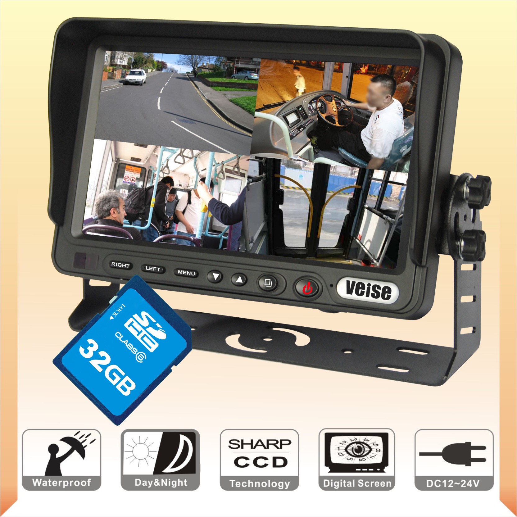 四分割屏显示器DVR，带录像监视器，客车校车房车监视器
